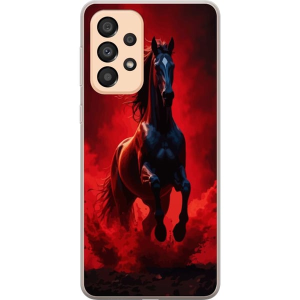 Yhteensopiva Puhelinkuori Samsung Galaxy A33 5G Voimakas musta hevonen punaisissa pilvissä ja pölyssä dramaattisessa valaistuksessa
