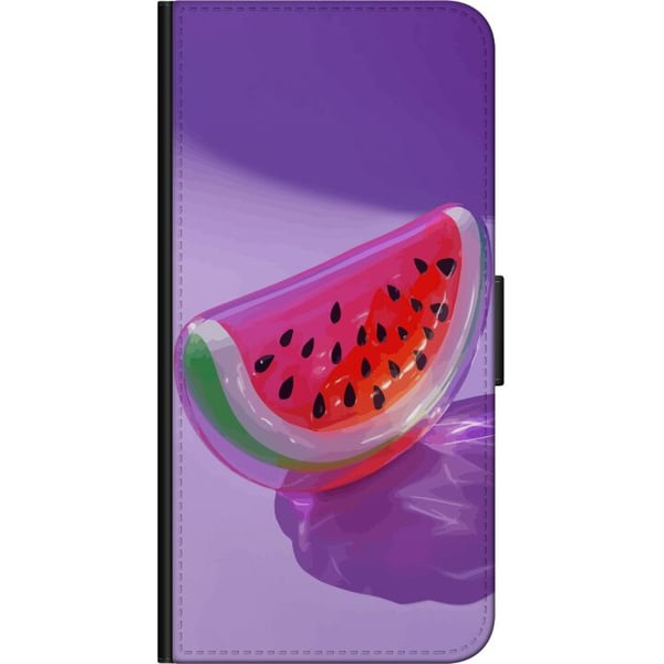 Kompatibelt Plånboksfodral till Samsung Galaxy A20s Vattenmelon i glasstil mot lila bakgrund fräsch somrig design med saftig och modern känsla