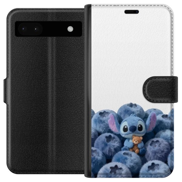 Yhteensopiva Lompakkokotelo Google Pixel 6a Söpö sininen hahmo mustikoiden keskellä nallen kanssa pehmeässä ja leikkisässä kuvituksessa lastenhuonees