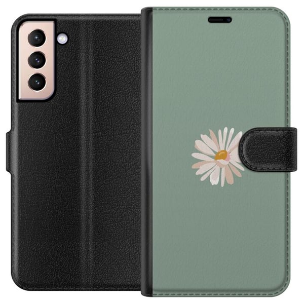 Kompatibelt Lommeboketui til Samsung Galaxy S21 Grønn Minimalblomst - stilren blomst på grønn bakgrunn