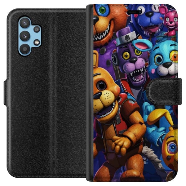 Kompatibelt Plånboksfodral till Samsung Galaxy A32 5G Färgstarka animatroniska figurer med neonljus och intensiv skräckinspirerad spelkänsla Kompatibelt Plånboksfodral till Samsung Galaxy A32 5G Färgstarka animatroniska figurer med neonljus och intensiv skräckinspirerad spelkänsla