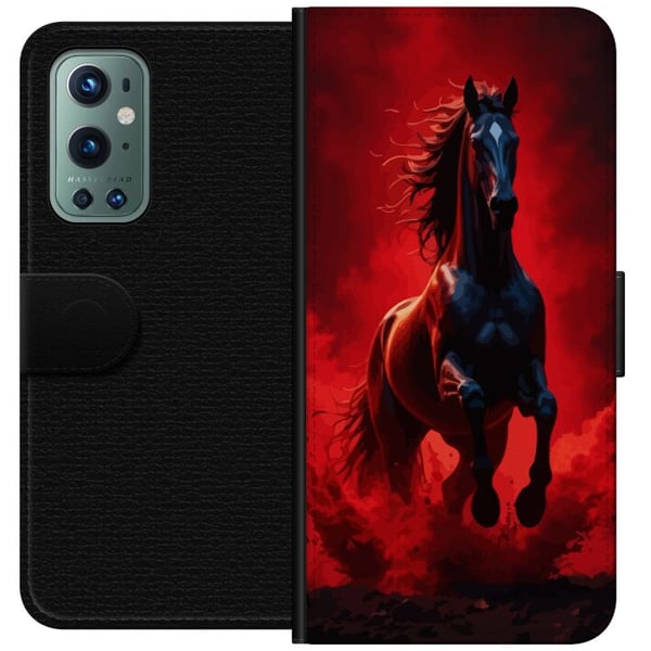 Kompatibel Tegnebogsetui til OnePlus 9 Pro Kraftfuld sort hest i røde skyer og støv med dramatisk belysning