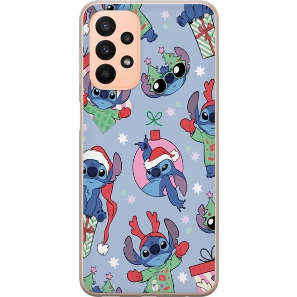 Kompatibelt Mobildeksel til Samsung Galaxy A23 Disney Stitch-julemønster – søt Stitch-juldesign med nisseluer, reinsdyrhorn og blå bakgrunn