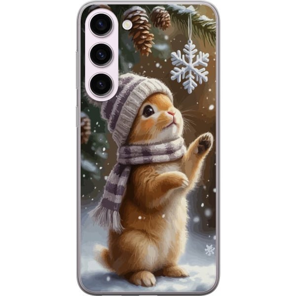 Kompatibelt Mobilskal till Samsung Galaxy S23+ Vinterkanin med mössa och halsduk beundrar snöflinga charmigt vintermotiv fyllt med julkänsla
