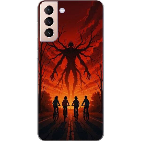Kompatibelt Mobildeksel til Samsung Galaxy S21 Mørk Stranger Things-inspirert skrekkillustrasjon med rød himmel, truende monster og syklende barn i d