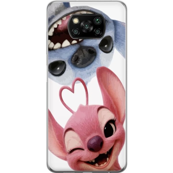 Kompatibel Mobilcover til Xiaomi Poco X3 NFC Legesyge Stitch og Angel i nærbillede med store grin og hjerteformede detaljer, der skaber en charmerend