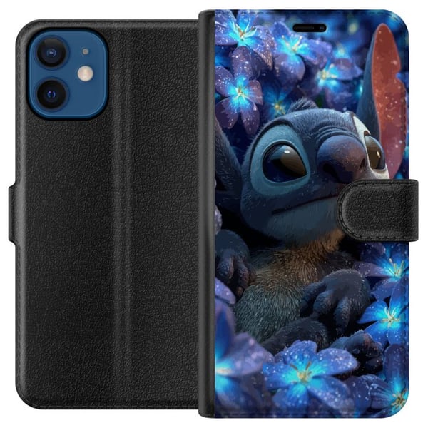 Kompatibelt Lommeboketui til Apple iPhone 12 Stitch blant blå blomster Drømmeaktig blå design med Stitch blant blomster i nattelys og en myk følelse