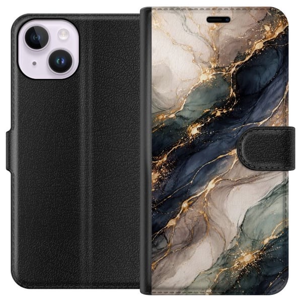 Yhteensopiva Lompakkokotelo Apple iPhone 14 Ylellinen abstrakti marmoritaide mustana, valkoisena ja kultaisena elegantteine linjoineen, eksklusiivine