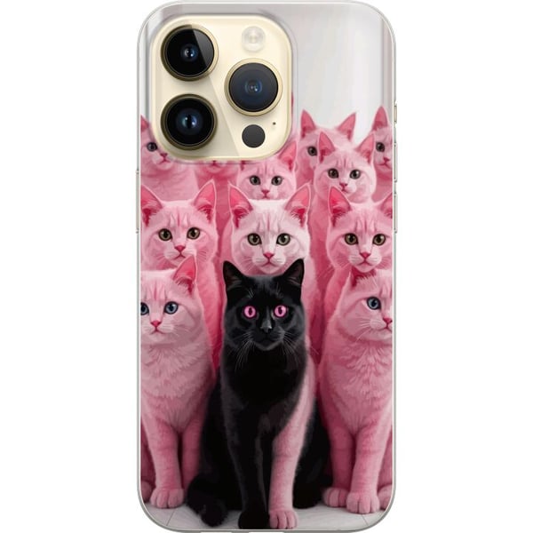 Kompatibelt Mobilskal till Apple iPhone 14 Pro Svart katt bland rosa katter rolig kontrastfylld design med lekfull charm och trendig färgkombination