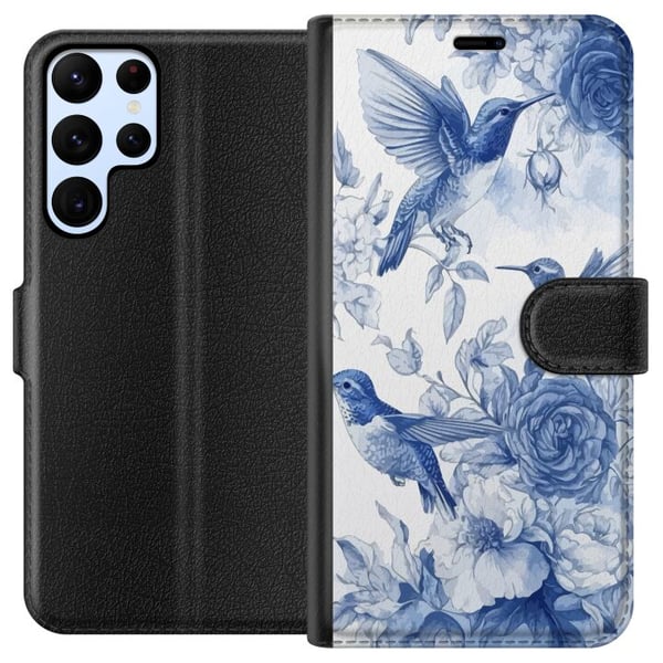 Kompatibel Tegnebogsetui til Samsung Galaxy S22 Ultra 5G Blåt mønster med fugle og blomster retro