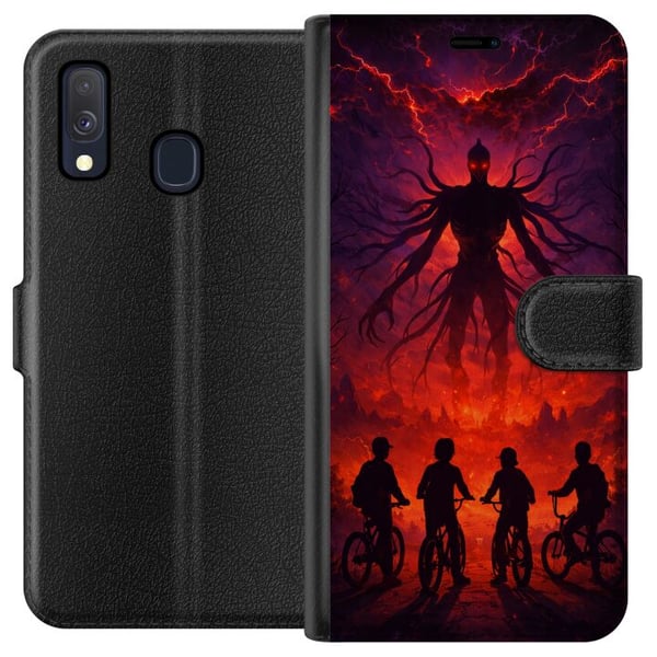 Kompatibel Tegnebogsetui til Samsung Galaxy A40 Mørk fantasyillustration inspireret af Stranger Things med overnaturligt væsen, lyn og cyklende børn