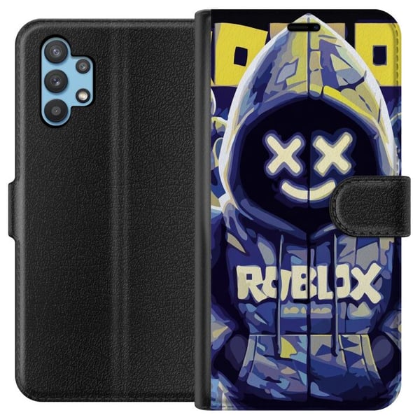 Kompatibel Tegnebogsetui til Samsung Galaxy A32 5G Blå-gul Roblox-inspireret hoodie-figur med maske og minimalistisk neonstil, stilren spilillustrati