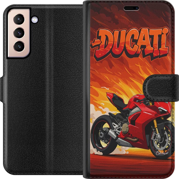 Kompatibelt Plånboksfodral till Samsung Galaxy S21 Ducati röd sportmotorcykel mot eld bakgrund fartfyllt motiv för motorälskare