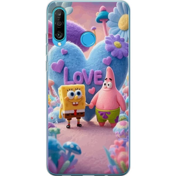 Kompatibelt Mobilskal till Huawei P30 lite Svampbob och Patrik kärlek färgglad pastellvärld med hjärtan blommor och vänskap i sann glädjestil