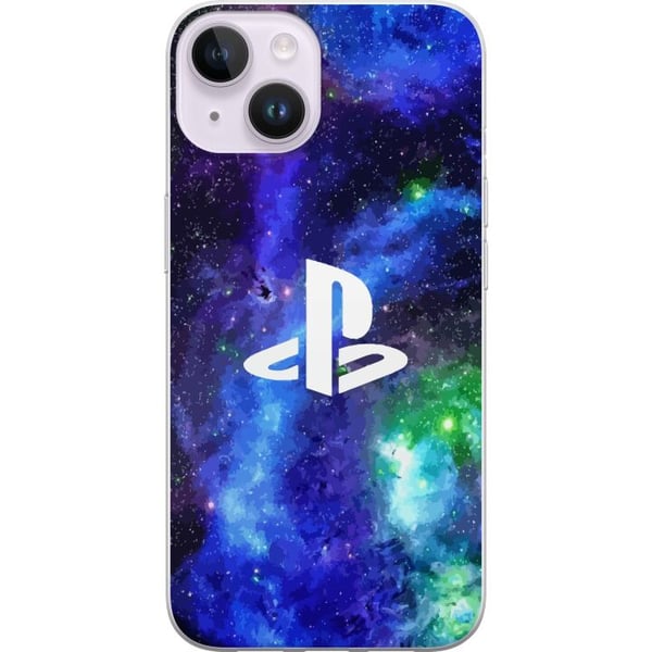 Kompatibelt Mobilskal till Apple iPhone 14 Playstation logotyp mot galaxbakgrund kosmisk gamingdesign för gamers och konsolfans