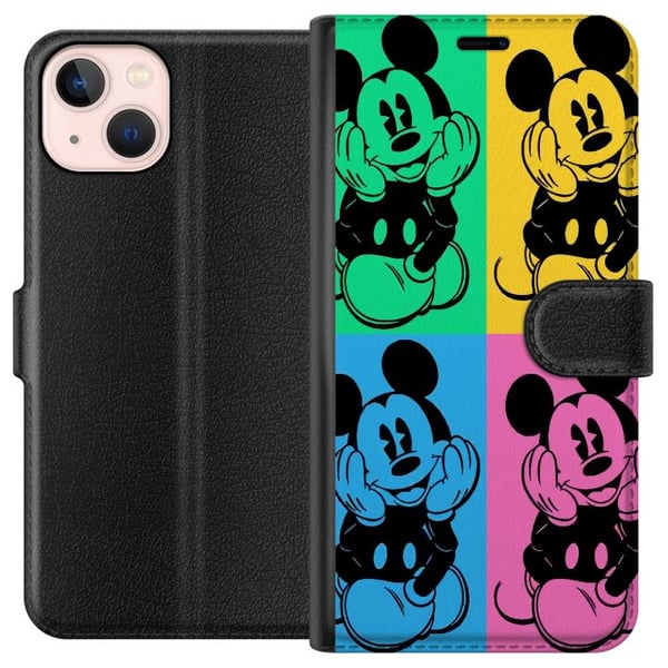 Kompatibelt Plånboksfodral till Apple iPhone 13 mini Disney Mickey Mouse poster pop art färgglad cartoon retro series Andy Warhol style classic figur