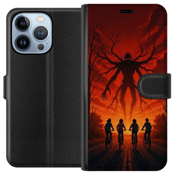 Kompatibelt Plånboksfodral till Apple iPhone 13 Pro Mörk Stranger Things-inspirerad skräckillustration med röd himmel, hotfullt monster och cyklande Kompatibelt Plånboksfodral till Apple iPhone 13 Pro Mörk Stranger Things-inspirerad skräckillustration med röd himmel, hotfullt monster och cyklande