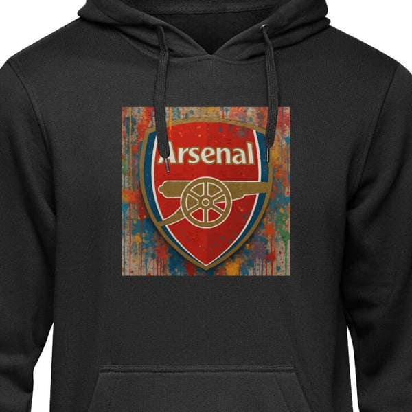 Barnehettegenser Arsenal kunstmotiv i rødt og hvitt med fargesprut, perfekt for fotballfans som elsker kunst og sportsstil. Svart 12-13 År