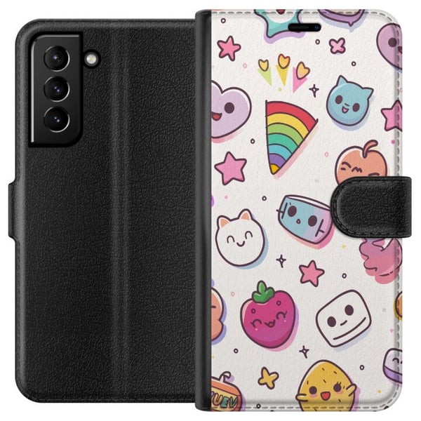 Kompatibelt Lommeboketui til Samsung Galaxy S21+ 5G Kawaii-doodle-kollasj med søte figurer, frukter, stjerner, hjerter, pastellfarger og leken tegnes Kompatibelt Lommeboketui til Samsung Galaxy S21+ 5G Kawaii-doodle-kollasj med søte figurer, frukter, stjerner, hjerter, pastellfarger og leken tegnes