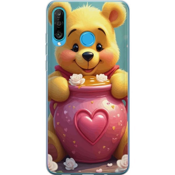 Kompatibelt Mobilskal till Huawei P30 lite Söt gul björn inspirerad av Nalle Puh med hjärtformad rosa burk och honung ett varmt charmigt motiv för bå