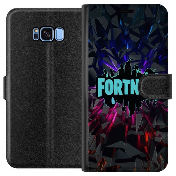 Kompatibelt Plånboksfodral till Samsung Galaxy S8 Fortnite poster – Logga i blå neon på svart bakgrund gaming design