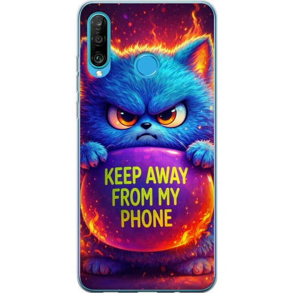 Kompatibelt Mobilskal till Huawei P30 lite Arg fluffig blå katt med texten Keep Away From My Phone i neonfärger och eldliknande effekter, humoristisk