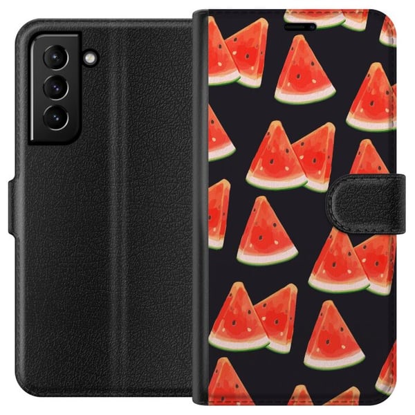 Kompatibelt Lommeboketui til Samsung Galaxy S21+ 5G Vannmelon-sommermønster – frisk vannmelondesign med røde fruktskiver mot mørk bakgrunn Kompatibelt Lommeboketui til Samsung Galaxy S21+ 5G Vannmelon-sommermønster – frisk vannmelondesign med røde fruktskiver mot mørk bakgrunn