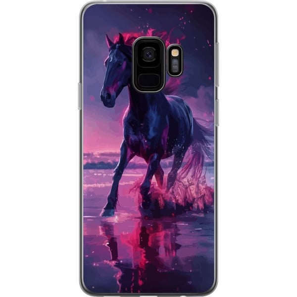 Kompatibelt Mobildeksel til Samsung Galaxy S9 Elegant svart hest som løper gjennom vann i lilla og rosa lys med en magisk følelse Kompatibelt Mobildeksel til Samsung Galaxy S9 Elegant svart hest som løper gjennom vann i lilla og rosa lys med en magisk følelse