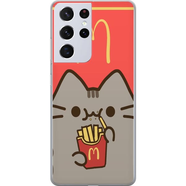 Kompatibel Mobilcover til Samsung Galaxy S21 Ultra 5G Sød Pusheen-lignende kat med pommes frites i McDonald’s-stil – humoristisk og charmerende motiv