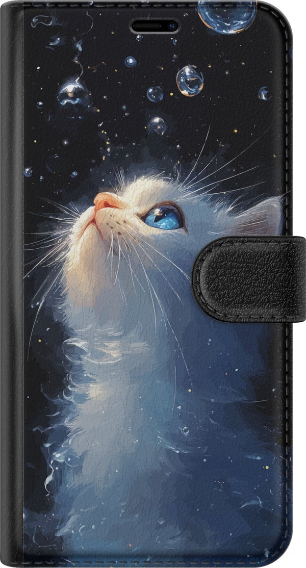 Yhteensopiva Lompakkokotelo Xiaomi Redmi 14C Unenomainen tähtikissa, jossa valkoinen kissa katsoo tähtiä, unenomainen ja maaginen aihe kissanystävill