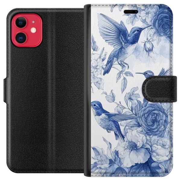 Kompatibelt Plånboksfodral till Apple iPhone 11 Blått mönster med fåglar och blommor retro