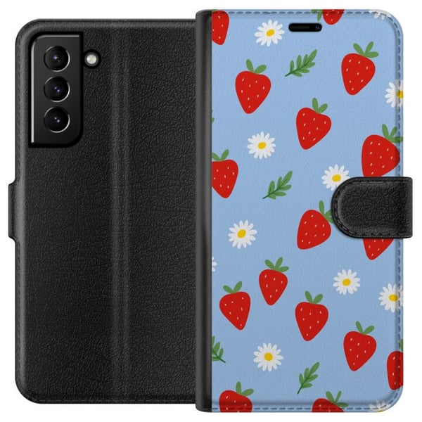 Kompatibelt Lommeboketui til Samsung Galaxy S21+ 5G jordbær jordbær mønster sommer blomster prestekrage svensk midtsommer retro trykk bærdesign Kompatibelt Lommeboketui til Samsung Galaxy S21+ 5G jordbær jordbær mønster sommer blomster prestekrage svensk midtsommer retro trykk bærdesign