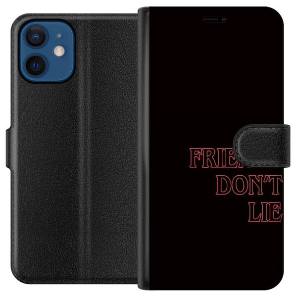 Kompatibelt Lommeboketui til Apple iPhone 12 Stranger Things Friends Don’t Lie – neonerød tekstdesign med populært Stranger Things-sitat fra serien