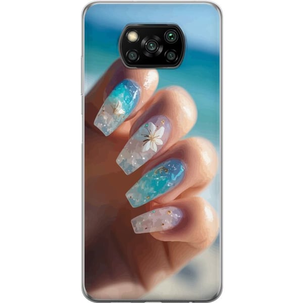 Kompatibel Mobilcover til Xiaomi Poco X3 NFC Negledesignillustration – Blå glitter med blomst, havinspireret motiv