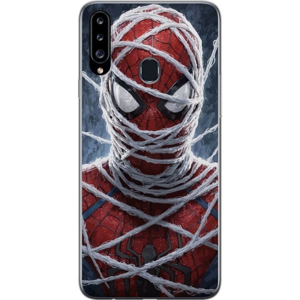 Kompatibel Mobilcover til Samsung Galaxy A20s Spider-Man dækket af tætte netlag i et dramatisk nærbillede, der fremhæver maskens struktur, intensitet