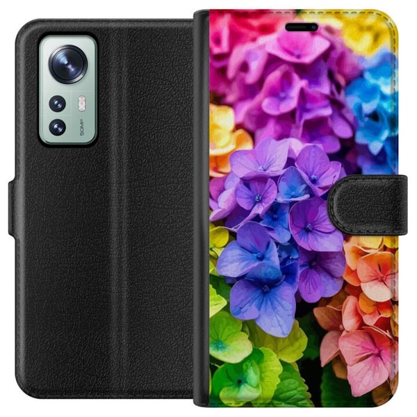 Kompatibel Tegnebogsetui til Xiaomi 12 Hortensia hortensiablomster farverige blomster regnbue blomstermønster lilla pink blå gul orange kunst