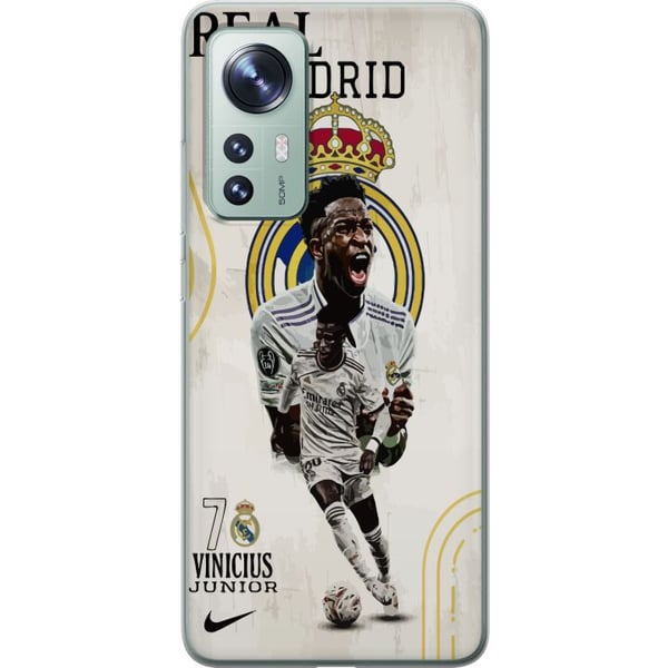 Yhteensopiva Puhelinkuori Xiaomi 12 Real Madrid Vinícius Júnior hyökkääjä numeron 7 paidassa seuran logo valkoinen peliasu energinen poseeraus ja voi