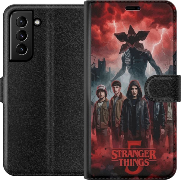 Kompatibelt Plånboksfodral till Samsung Galaxy S21+ 5G Mörk Stranger Things-inspirerad fantasyillustration med åska och dramatisk skräckstämning