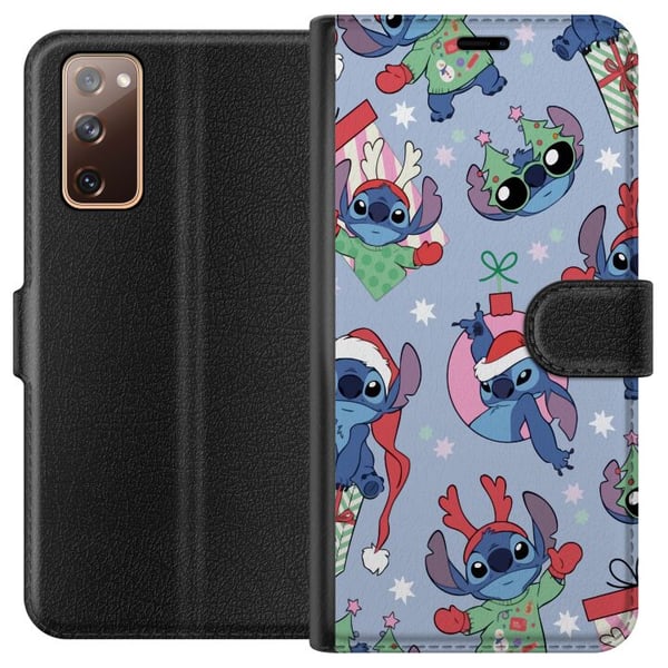 Kompatibelt Lommeboketui til Samsung Galaxy S20 FE Disney Stitch-julemønster – søt Stitch-juldesign med nisseluer, reinsdyrhorn og blå bakgrunn