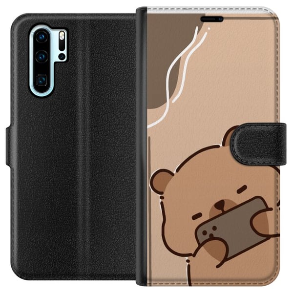 Yhteensopiva Lompakkokotelo Huawei P30 Pro Lazy Bear Chill Mode Söpö karhu makaa puhelin kädessään beigen taustan edessä rauhallisessa ja rennossa ty