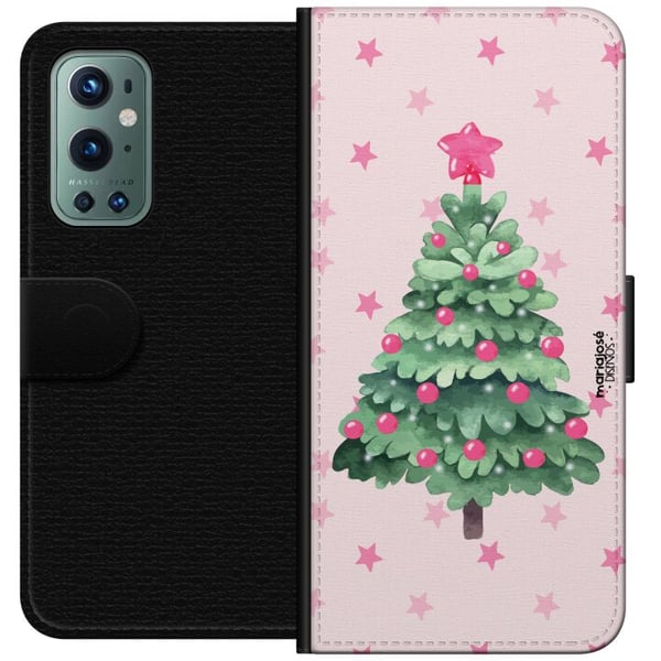 Kompatibelt Lommeboketui til OnePlus 9 Pro Akvarelljulegran i rosa toner med stjerner og kuler, et sjarmerende og mykt julemotiv som passer perfekt h