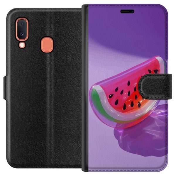 Kompatibelt Plånboksfodral till Samsung Galaxy A20e Vattenmelon i glasstil mot lila bakgrund fräsch somrig design med saftig och modern känsla