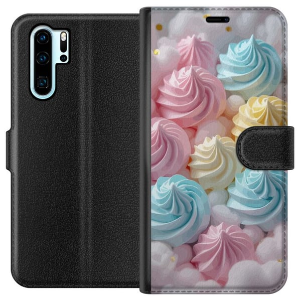 Kompatibel Tegnebogsetui til Huawei P30 Pro Pastelmarengsmotiv med candyfarverne rosa, blå og gul, sødt bagværksdesign til kageelskere