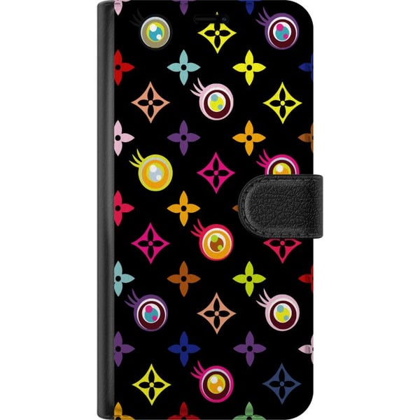 Kompatibelt Lommeboketui til Apple iPhone 13 mini Fargerikt mønster med geometriske symboler og øyne på svart bakgrunn pop art-design