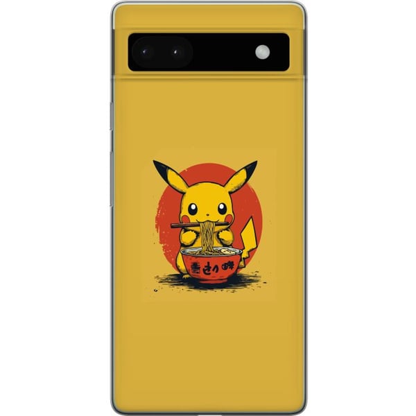 Yhteensopiva Puhelinkuori Google Pixel 6a Pikachu syömässä ramenia japanilaisessa animen inspiroimassa tyylissä keltaista taustaa vasten, hauska mode