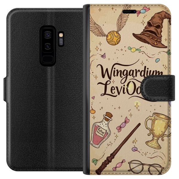 Kompatibelt Plånboksfodral till Samsung Galaxy S9+ Harry Potter Wingardium Leviosa illustration – magiskt Harry Potter tema med trollstav, Snitch och
