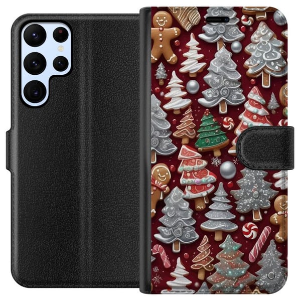 Kompatibelt Plånboksfodral till Samsung Galaxy S22 Ultra 5G Christmas cookies julkakor gingerbread granar pepparkakor holiday pattern candy cane julg