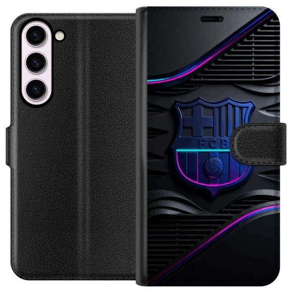 Kompatibelt Lommeboketui til Samsung Galaxy S23+ FC Barcelona-emblem i neonblått og rosa med futuristisk metallfølelse