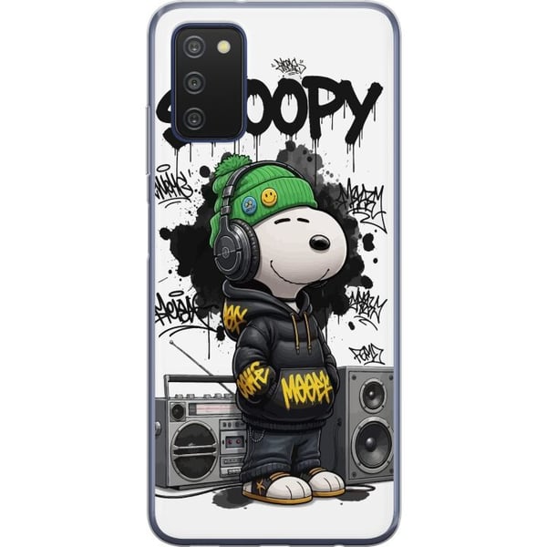 Kompatibelt Mobildeksel til Samsung Galaxy A03s Snoopy i streetwear med hodetelefoner og graffitistil står ved siden av en boombox og smiler bredt, e
