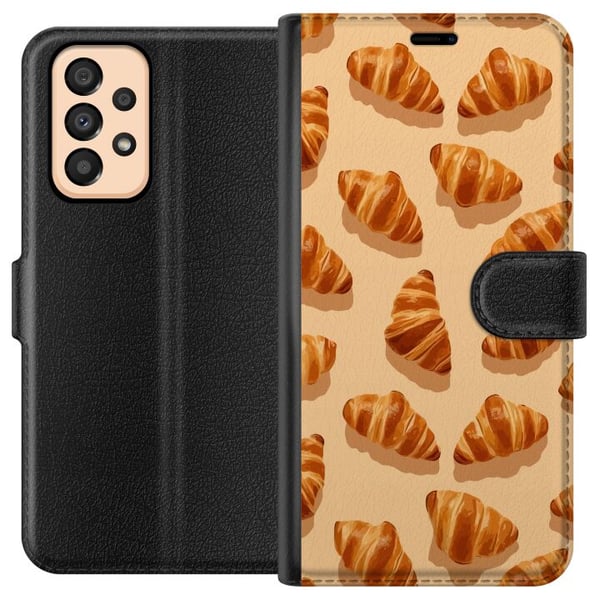Kompatibelt Plånboksfodral till Samsung Galaxy A33 5G Croissantmönster med gyllenbruna franska bakverk beige bakgrund caféinspirerad illustration ele